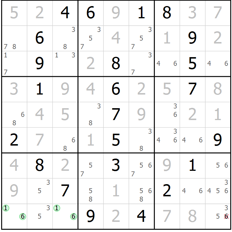 Position des candidats pour la solution de la Gr 18 page 21 du magazine de sudoku Maestro n° 097