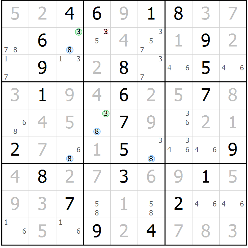 Position des candidats pour la solution de la Gr 18 page 21 du magazine de sudoku Maestro n° 097