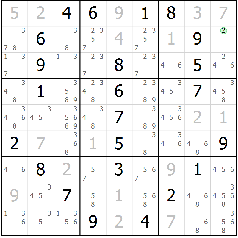 Position des candidats pour la solution de la Gr 18 page 21 du magazine de sudoku Maestro n° 097
