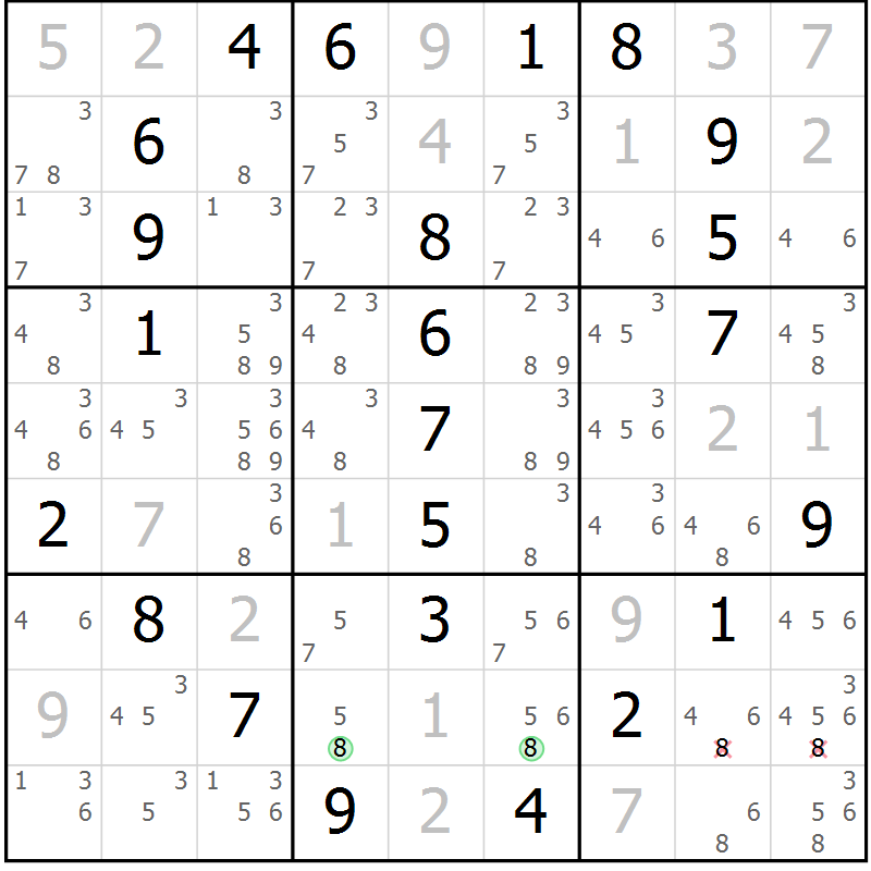 Position des candidats pour la solution de la Gr 18 page 21 du magazine de sudoku Maestro n° 097
