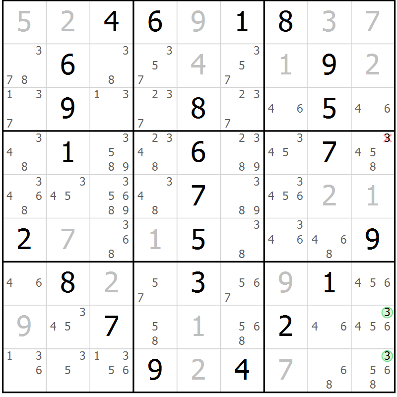 Position des candidats pour la solution de la Gr 18 page 21 du magazine de sudoku Maestro n° 097