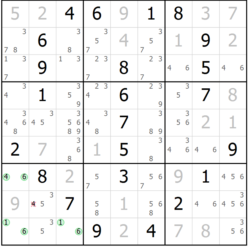 Position des candidats pour la solution de la Gr 18 page 21 du magazine de sudoku Maestro n° 097