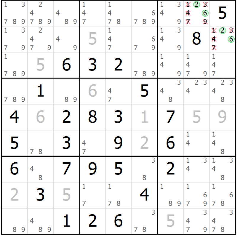 Position des candidats pour la solution de la Gr 2 page 5 du magazine de sudoku Maestro n° 097