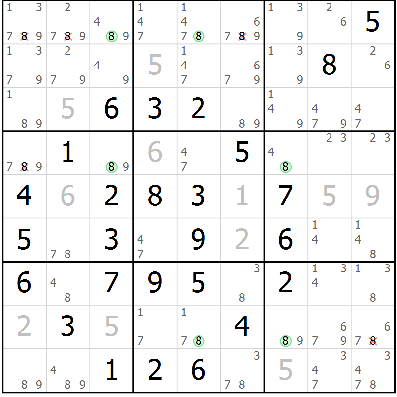 Position des candidats pour la solution de la Gr 2 page 5 du magazine de sudoku Maestro n° 097