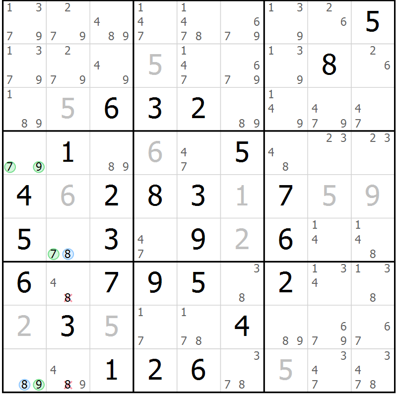Position des candidats pour la solution de la Gr 2 page 5 du magazine de sudoku Maestro n° 097
