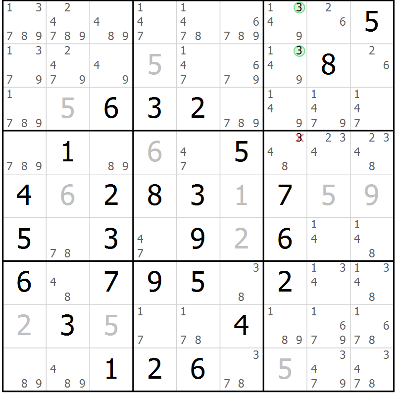 Position des candidats pour la solution de la Gr 2 page 5 du magazine de sudoku Maestro n° 097