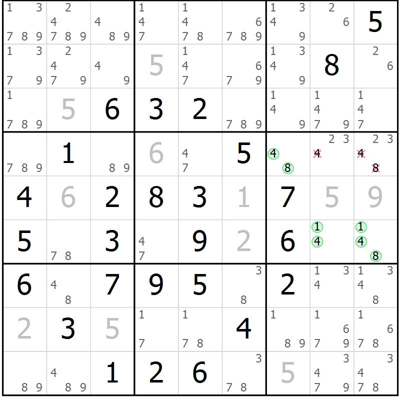 Position des candidats pour la solution de la Gr 2 page 5 du magazine de sudoku Maestro n° 097
