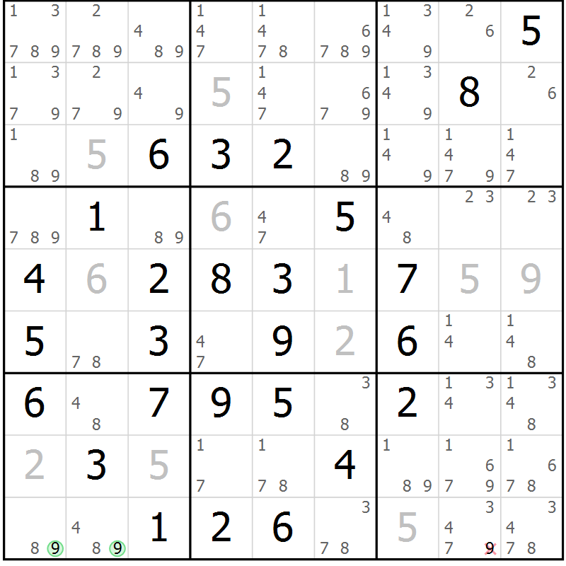 Position des candidats pour la solution de la Gr 2 page 5 du magazine de sudoku Maestro n° 097