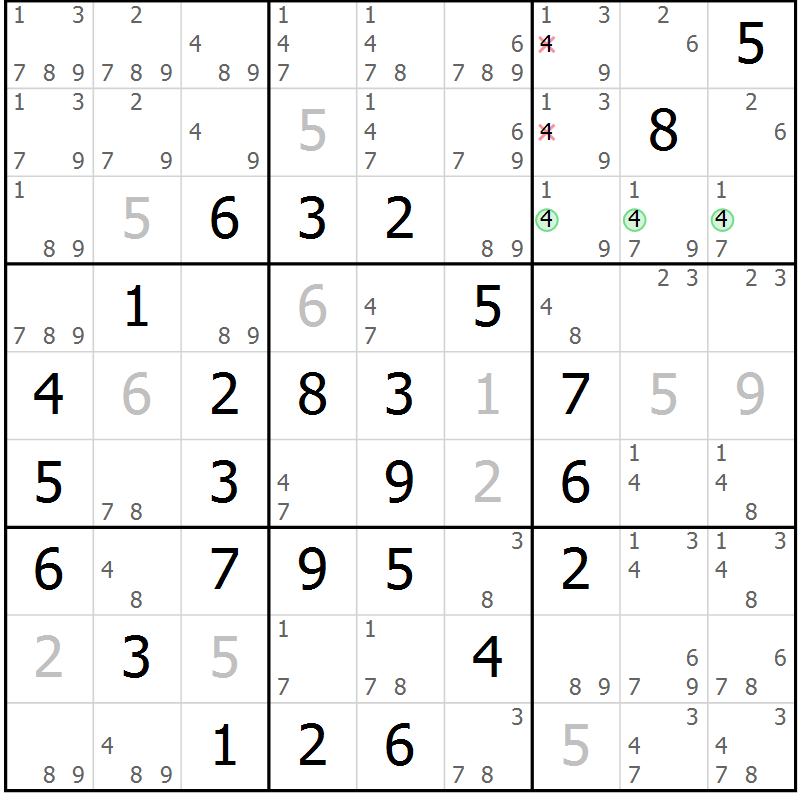 Position des candidats pour la solution de la Gr 2 page 5 du magazine de sudoku Maestro n° 097