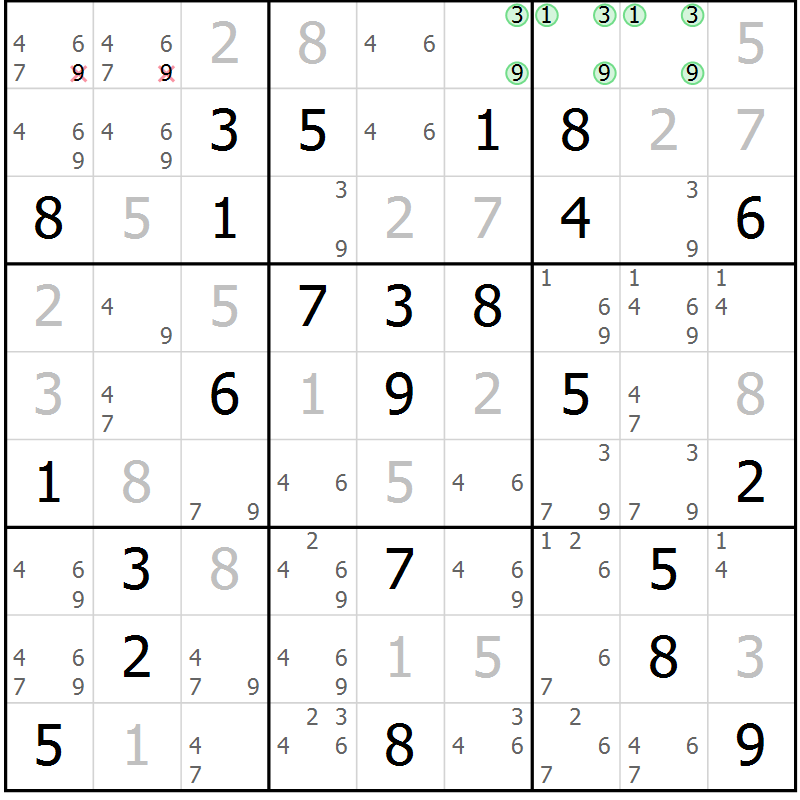 Position des candidats pour la solution de la Gr 21 page 24 du magazine de sudoku Maestro n° 097