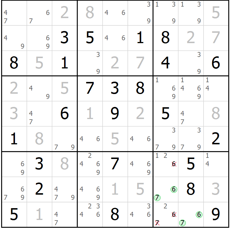 Position des candidats pour la solution de la Gr 21 page 24 du magazine de sudoku Maestro n° 097