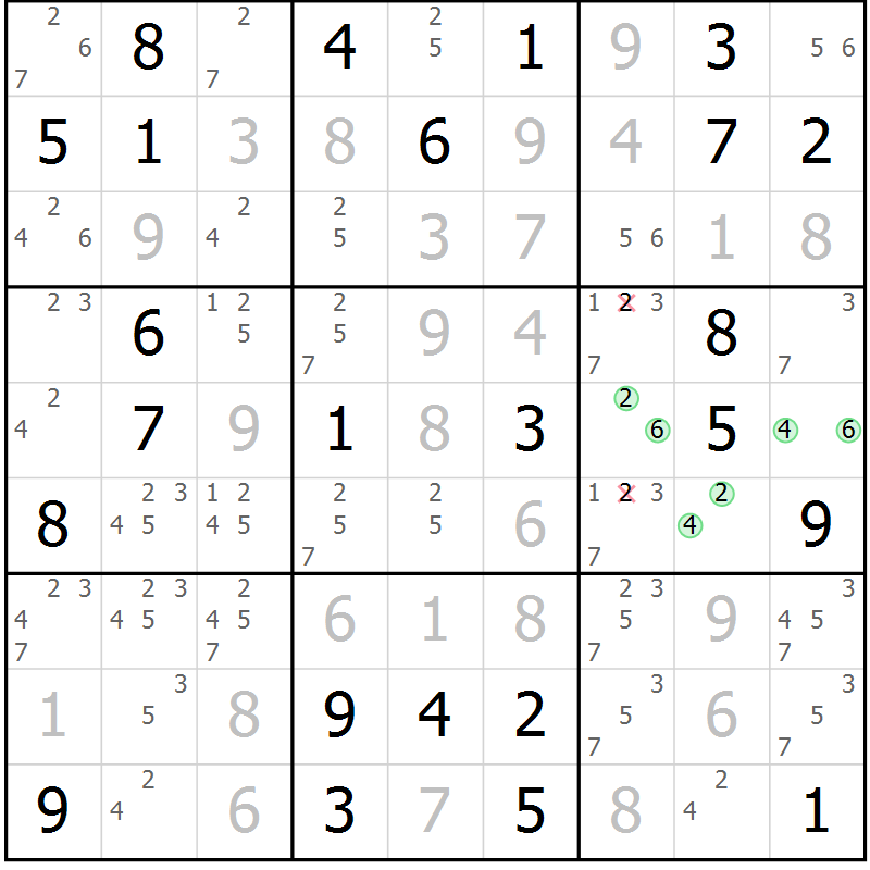 Position des candidats pour la solution de la Gr 22 page 25 du magazine de sudoku Maestro n° 097