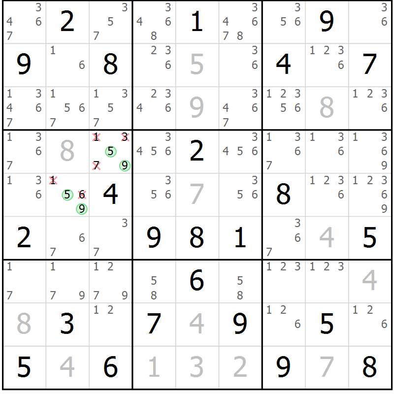 Position des candidats pour la solution de la Gr 25 page 28 du magazine de sudoku Maestro n° 097