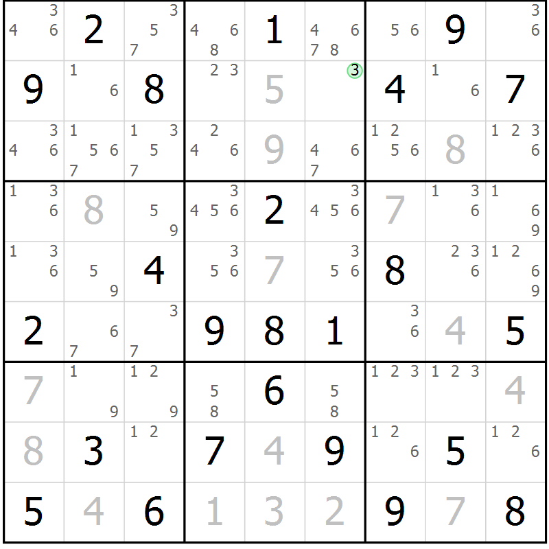 Position des candidats pour la solution de la Gr 25 page 28 du magazine de sudoku Maestro n° 097