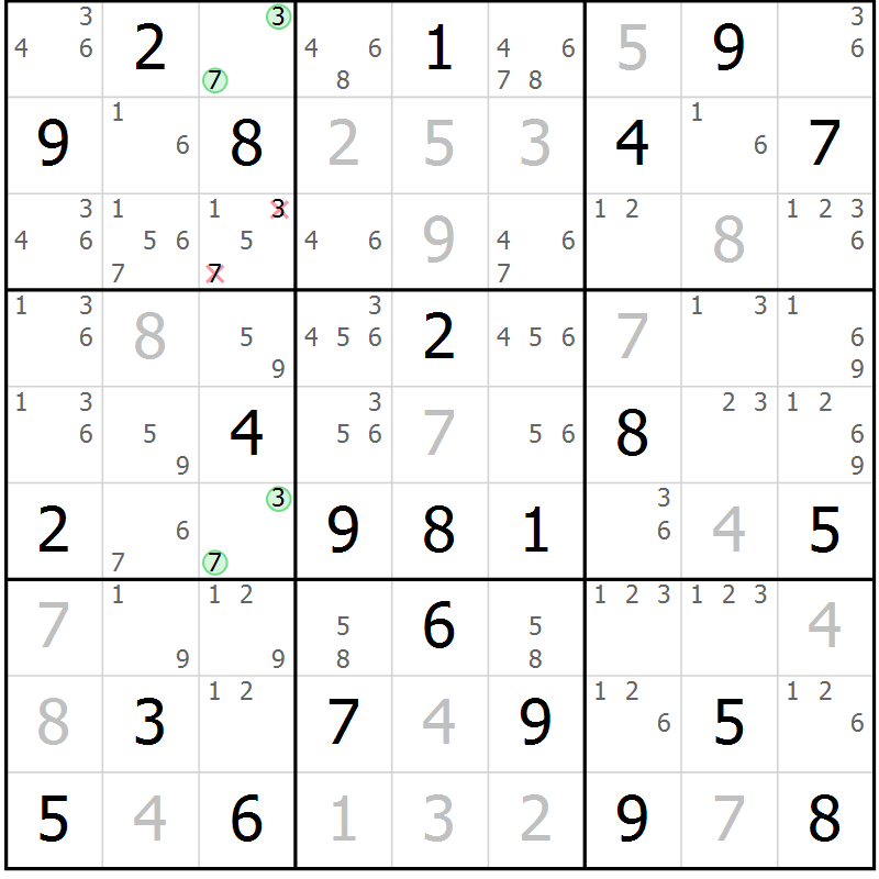Position des candidats pour la solution de la Gr 25 page 28 du magazine de sudoku Maestro n° 097