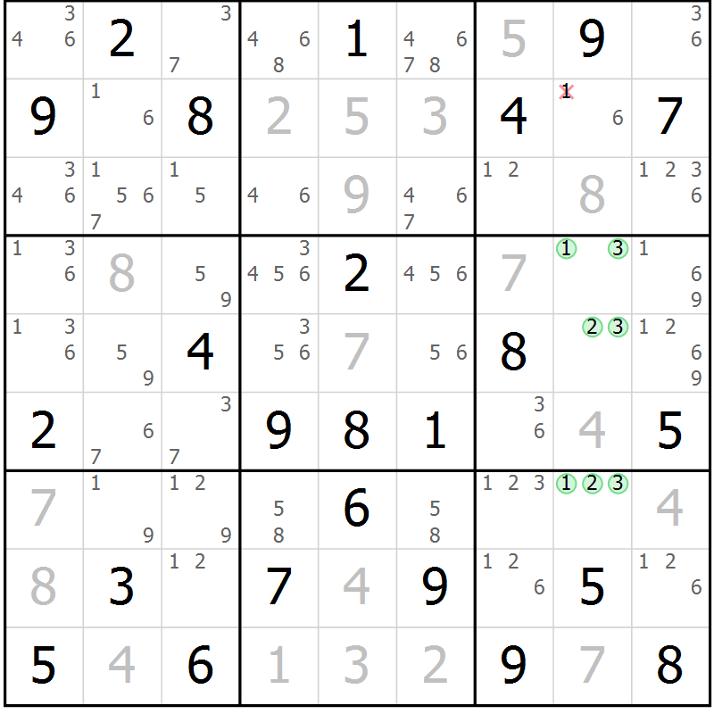 Position des candidats pour la solution de la Gr 25 page 28 du magazine de sudoku Maestro n° 097
