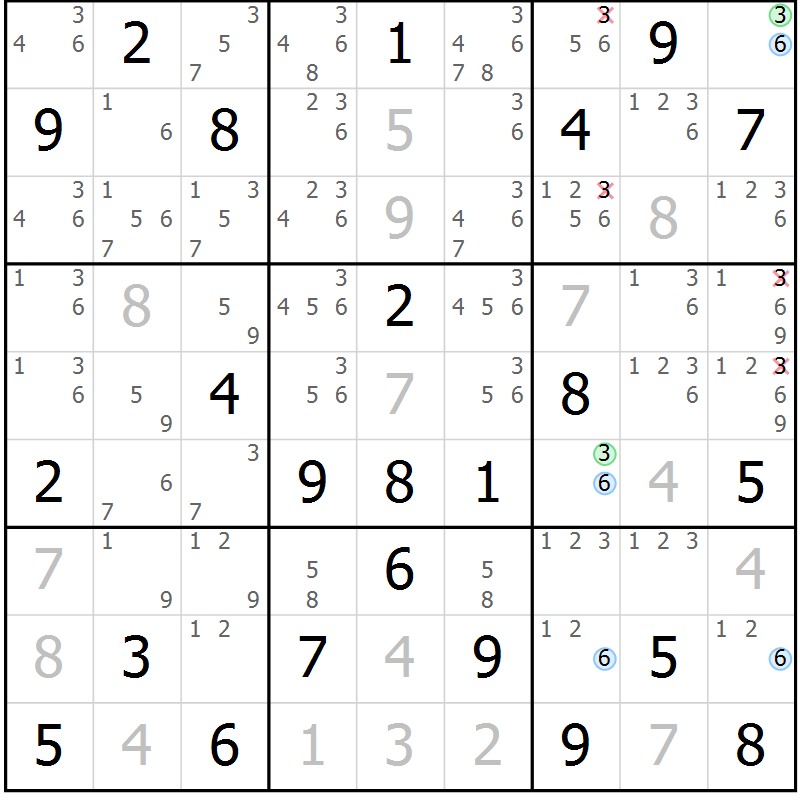 Position des candidats pour la solution de la Gr 25 page 28 du magazine de sudoku Maestro n° 097