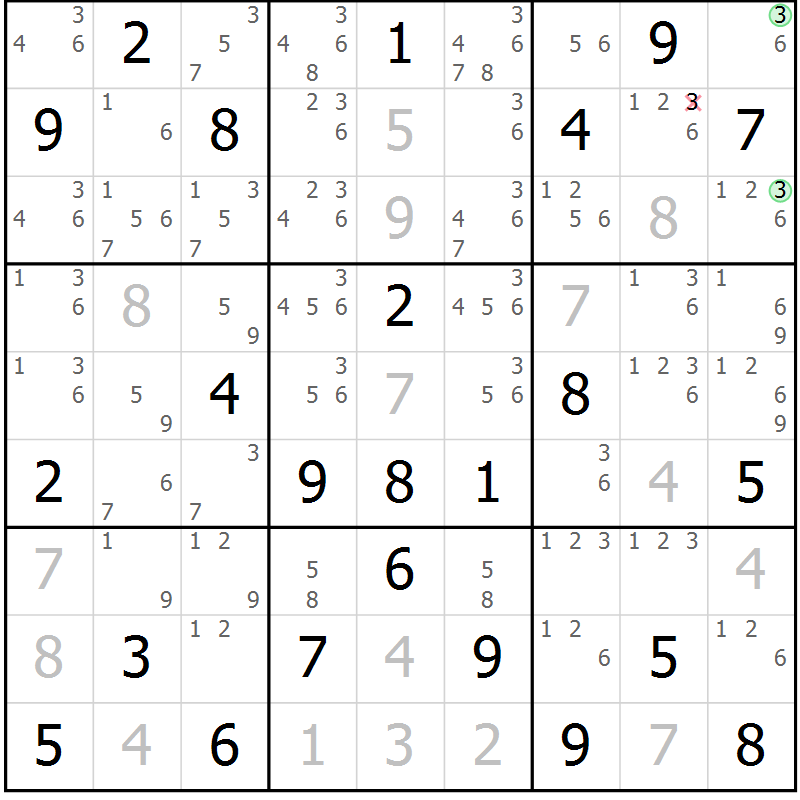 Position des candidats pour la solution de la Gr 25 page 28 du magazine de sudoku Maestro n° 097