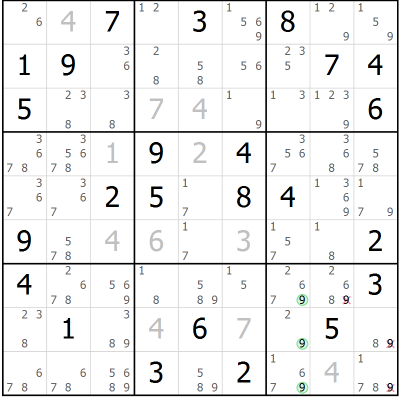 Position des candidats pour la solution de la Gr 26 page 29 du magazine de sudoku Maestro n° 097