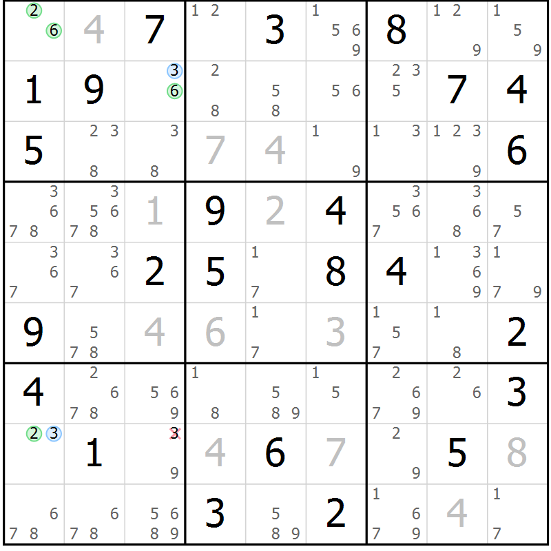 Position des candidats pour la solution de la Gr 26 page 29 du magazine de sudoku Maestro n° 097