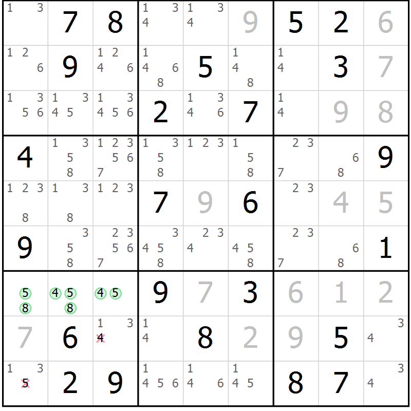 Position des candidats pour la solution de la Gr 28 page 31 du magazine de sudoku Maestro n° 097