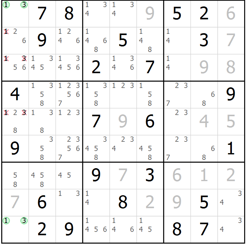 Position des candidats pour la solution de la Gr 28 page 31 du magazine de sudoku Maestro n° 097