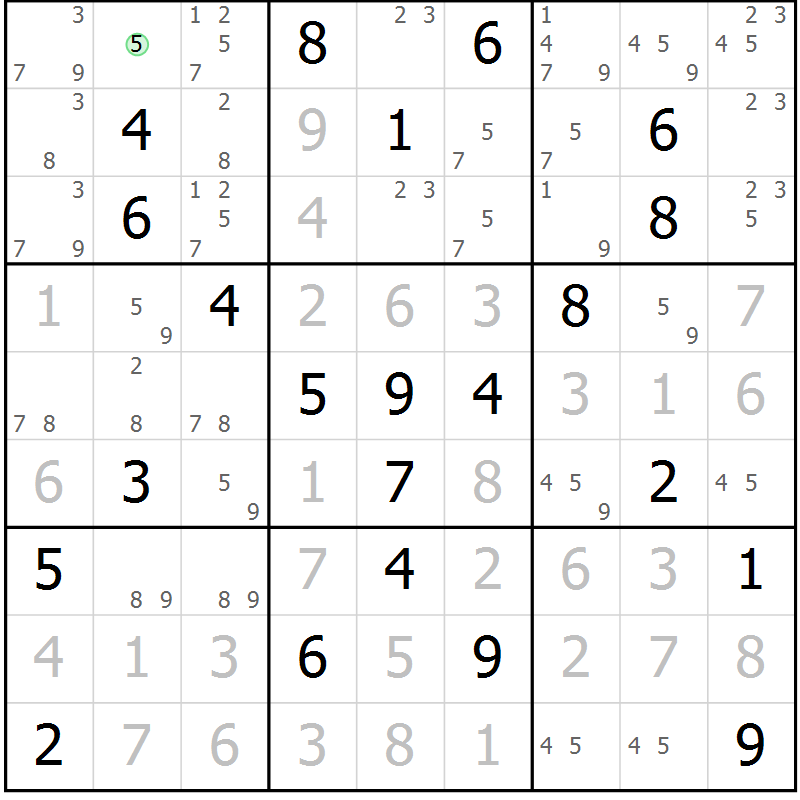 Position des candidats pour la solution de la Gr 3 page 6 du magazine de sudoku Maestro n° 097
