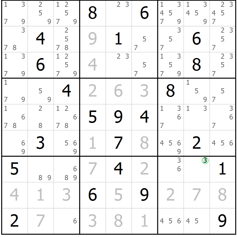 Position des candidats pour la solution de la Gr 3 page 6 du magazine de sudoku Maestro n° 097