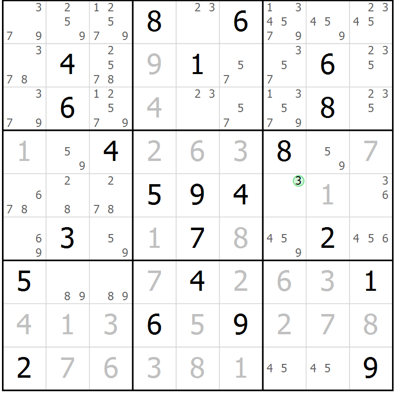Position des candidats pour la solution de la Gr 3 page 6 du magazine de sudoku Maestro n° 097