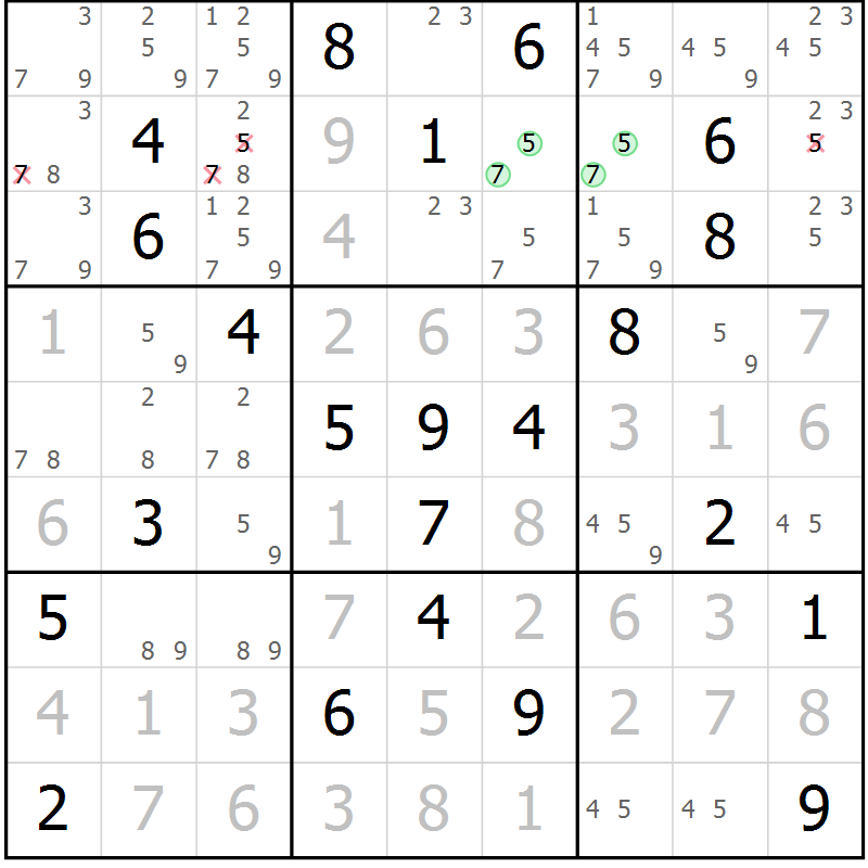 Position des candidats pour la solution de la Gr 3 page 6 du magazine de sudoku Maestro n° 097