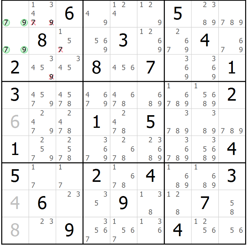 Position des candidats pour la solution de la Gr 32 page 35 du magazine de sudoku Maestro n° 097