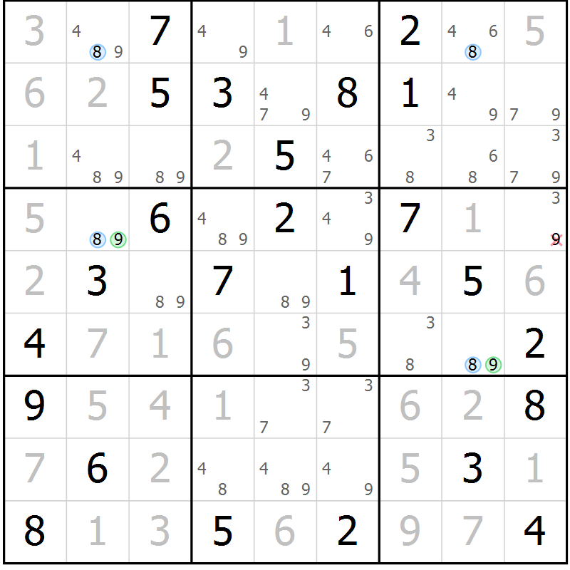 Position des candidats pour la solution de la Gr 33 page 36 du magazine de sudoku Maestro n° 097