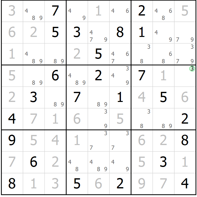 Position des candidats pour la solution de la Gr 33 page 36 du magazine de sudoku Maestro n° 097