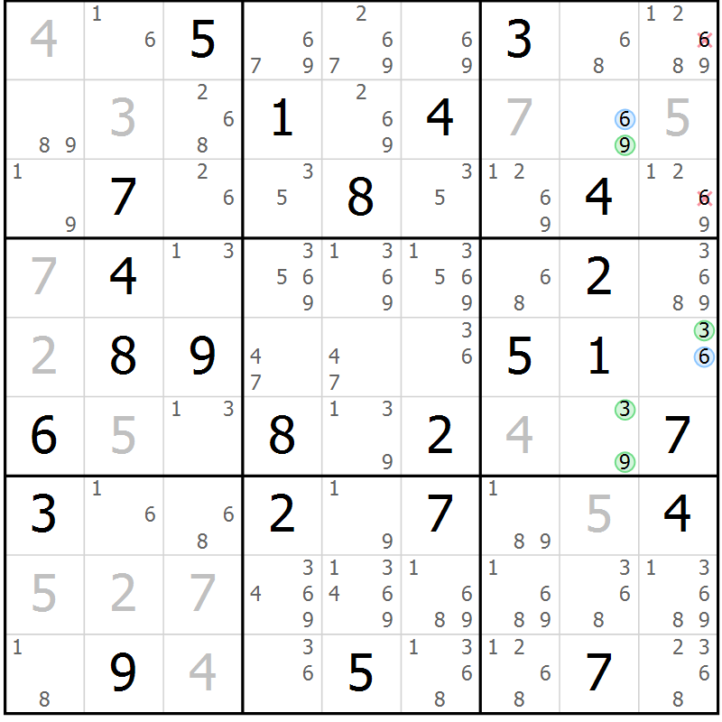 Position des candidats pour la solution de la Gr 38 page 41 du magazine de sudoku Maestro n° 097