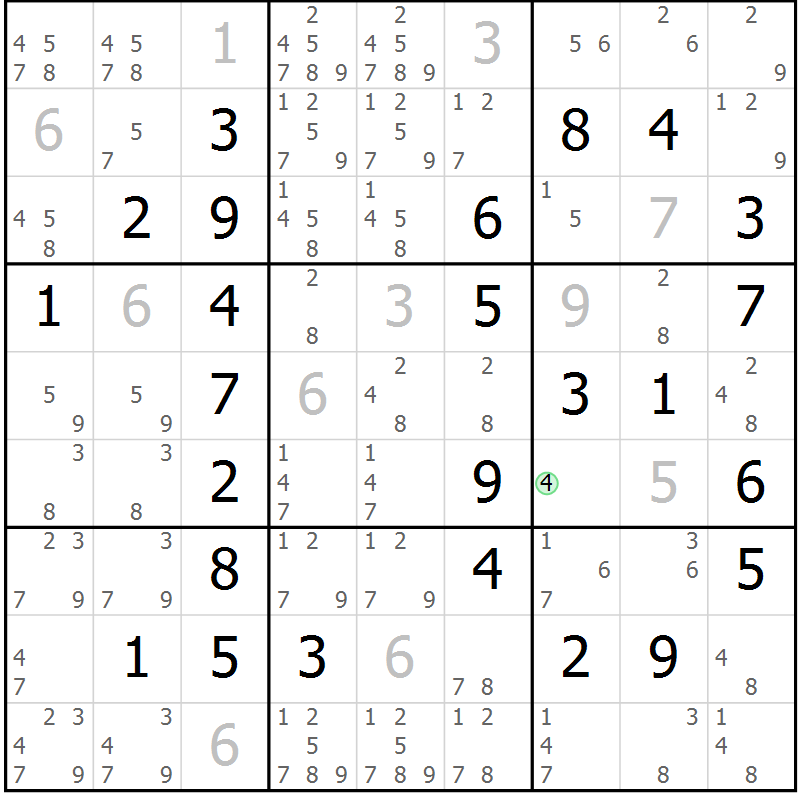 Position des candidats pour la solution de la Gr 4 page 7 du magazine de sudoku Maestro n° 097