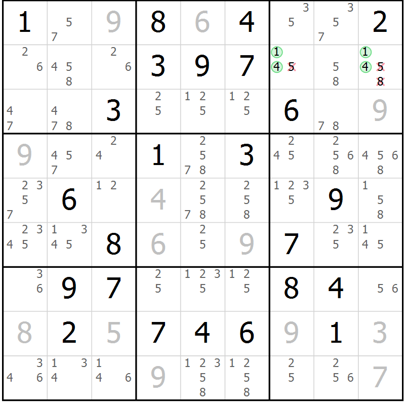Position des candidats pour la solution de la Gr 41 page 44 du magazine de sudoku Maestro n° 097