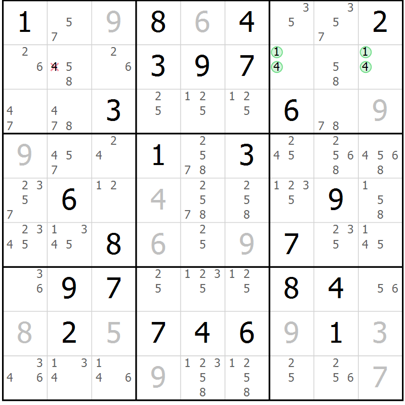 Position des candidats pour la solution de la Gr 41 page 44 du magazine de sudoku Maestro n° 097