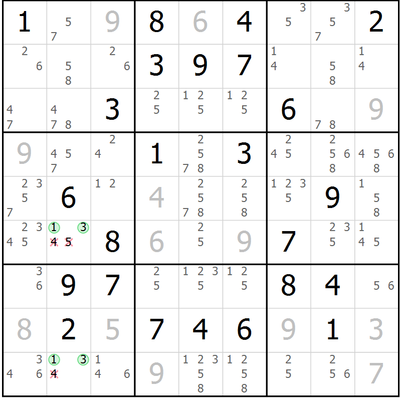 Position des candidats pour la solution de la Gr 41 page 44 du magazine de sudoku Maestro n° 097