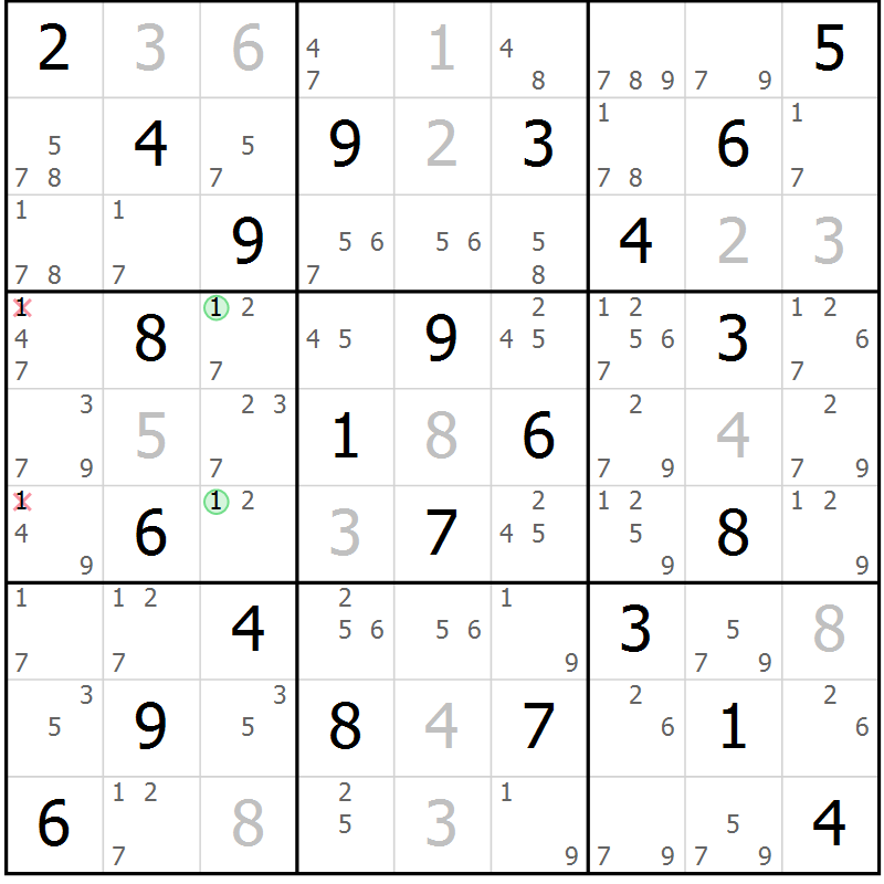 Position des candidats pour la solution de la Gr 42 page 45 du magazine de sudoku Maestro n° 097