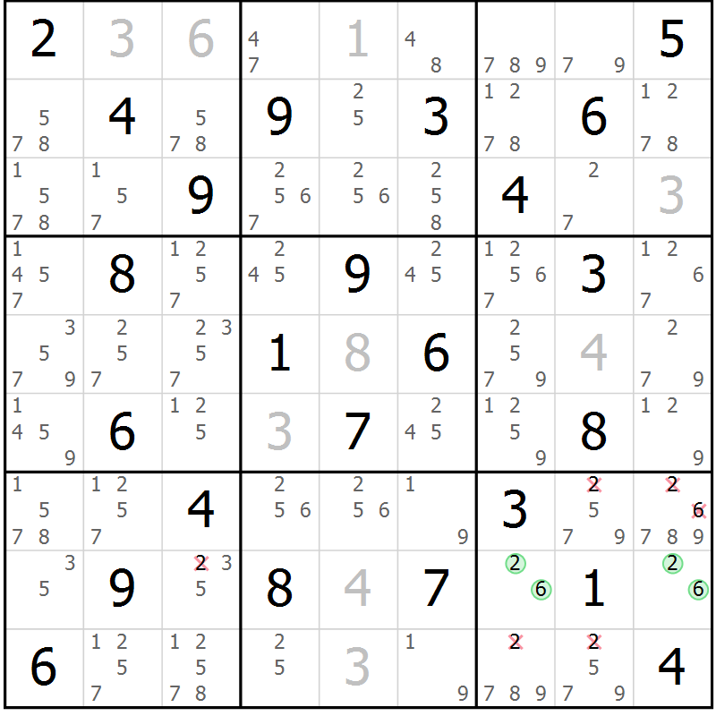 Position des candidats pour la solution de la Gr 42 page 45 du magazine de sudoku Maestro n° 097