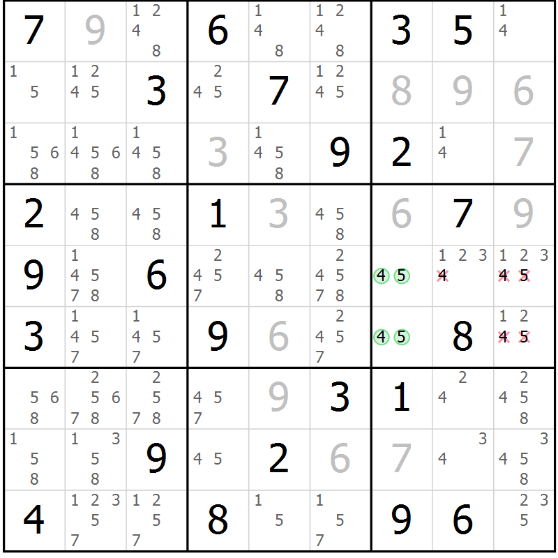 Position des candidats pour la solution de la Gr 43 page 46 du magazine de sudoku Maestro n° 097