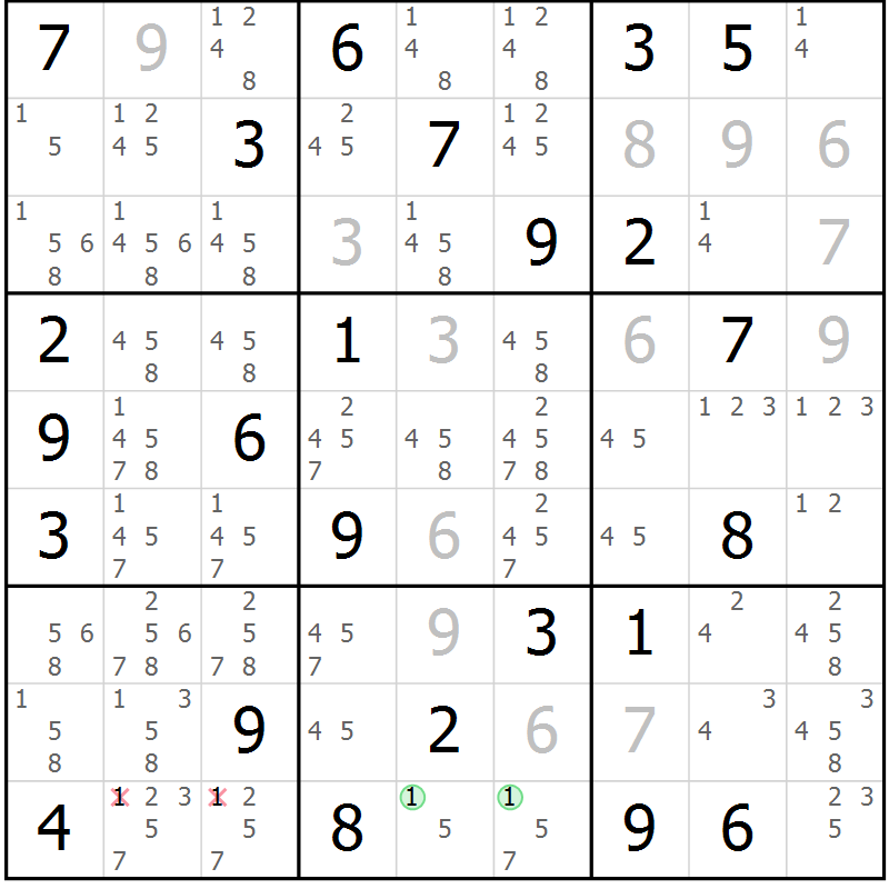 Position des candidats pour la solution de la Gr 43 page 46 du magazine de sudoku Maestro n° 097