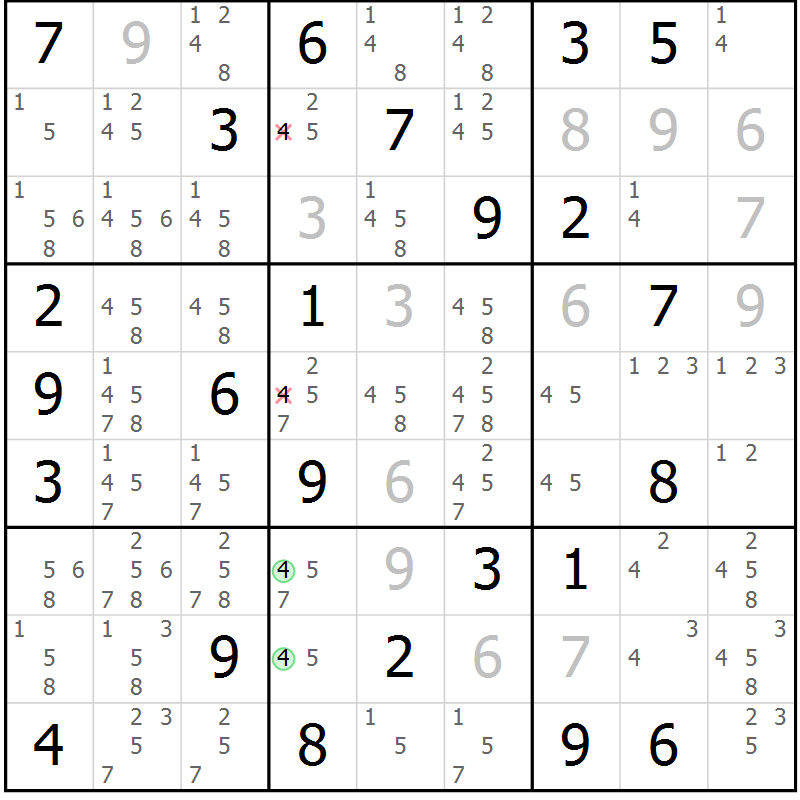 Position des candidats pour la solution de la Gr 43 page 46 du magazine de sudoku Maestro n° 097