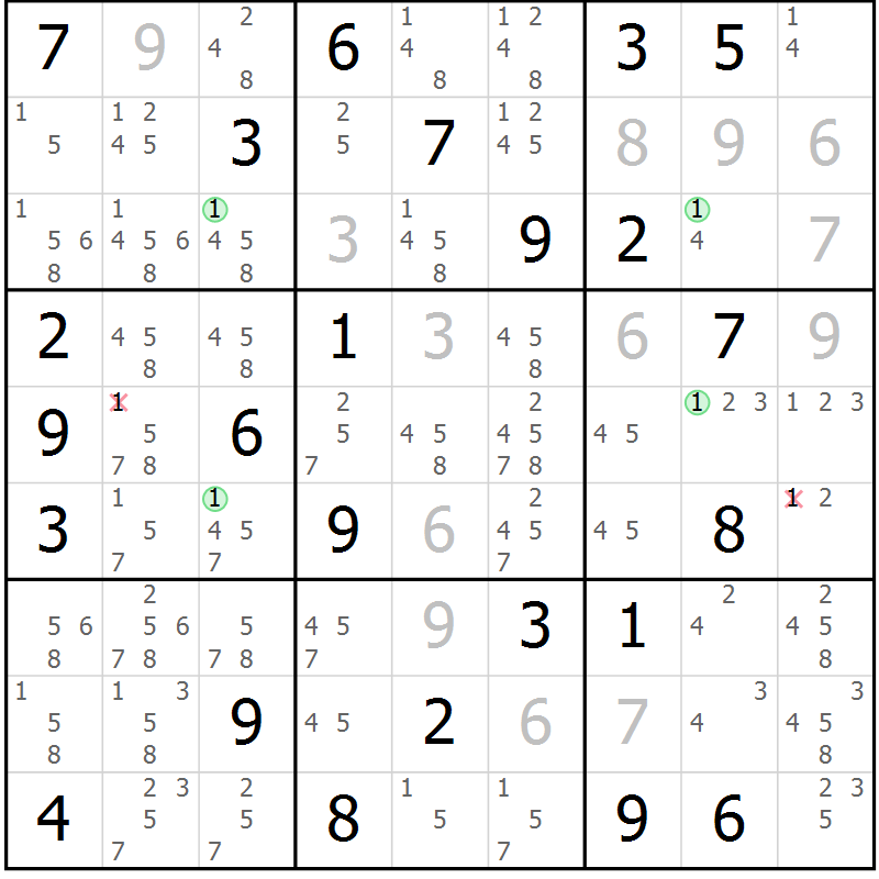 Position des candidats pour la solution de la Gr 43 page 46 du magazine de sudoku Maestro n° 097