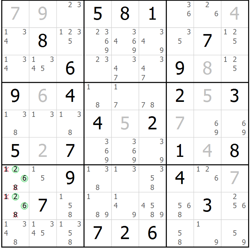 Position des candidats pour la solution de la Gr 46 page 49 du magazine de sudoku Maestro n° 097