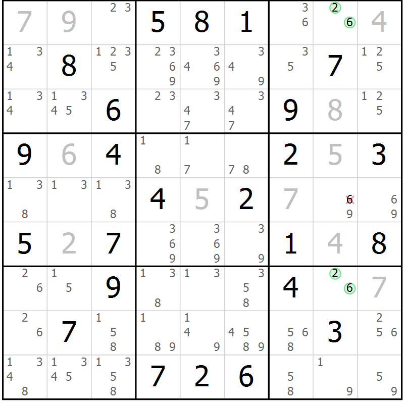 Position des candidats pour la solution de la Gr 46 page 49 du magazine de sudoku Maestro n° 097