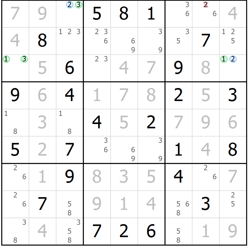 Position des candidats pour la solution de la Gr 46 page 49 du magazine de sudoku Maestro n° 097