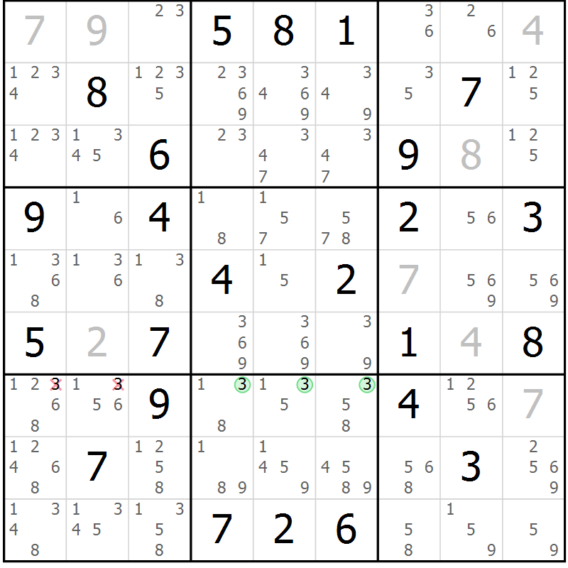 Position des candidats pour la solution de la Gr 46 page 49 du magazine de sudoku Maestro n° 097