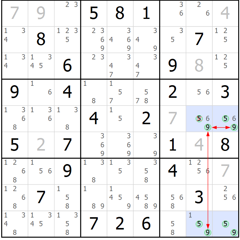 Position des candidats pour la solution de la Gr 46 page 49 du magazine de sudoku Maestro n° 097