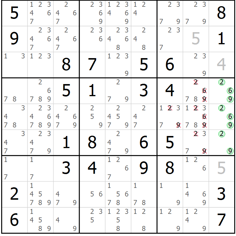 Position des candidats pour la solution de la Gr 47 page 50 du magazine de sudoku Maestro n° 097